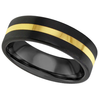 Gents Zirconium wedding ring yellow metal inlay