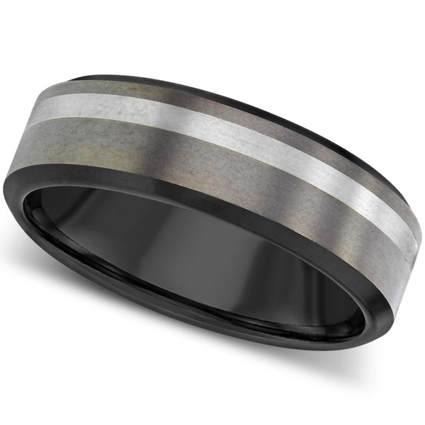 Gents Zirconium wedding ring white metal inlay black