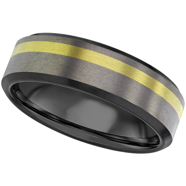 Gents Zirconium wedding ring yellow metal inlay black