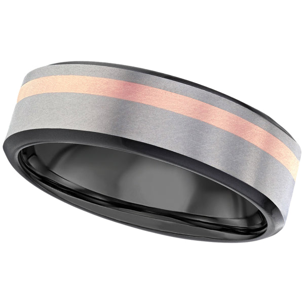 Gents Zirconium wedding ring rose metal inlay black